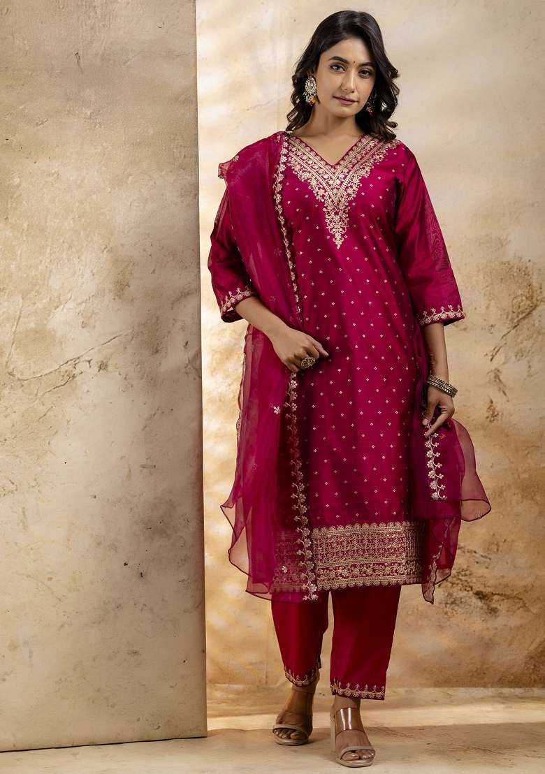 Rani Pink Embroidered Chanderi Straight Kurta Set - Indya
