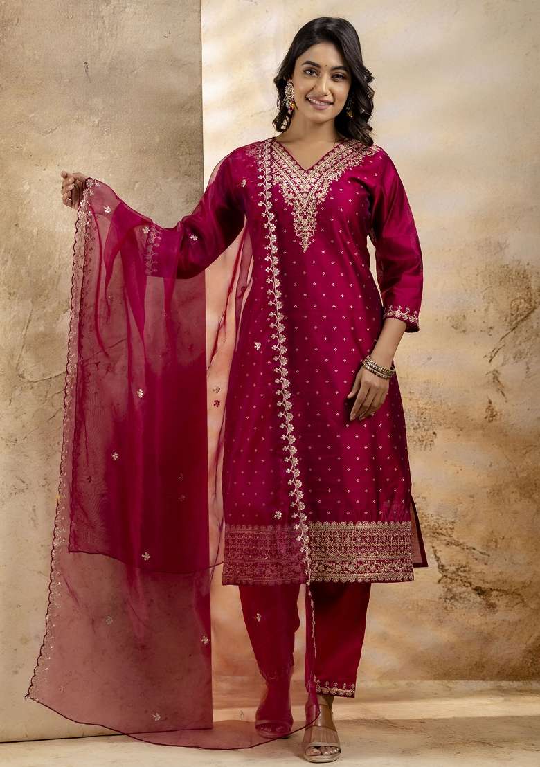 Rani Pink Embroidered Chanderi Straight Kurta Set - Indya