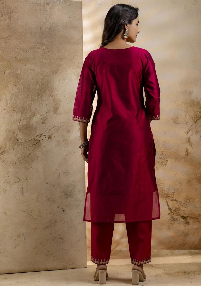 Rani Pink Embroidered Chanderi Salwar Kameez With Dupatta