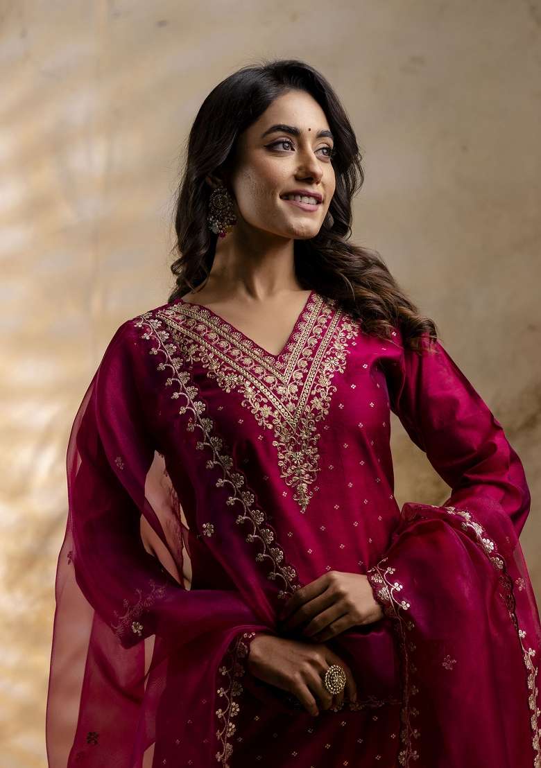 Rani Pink Embroidered Chanderi Straight Kurta Set - Indya