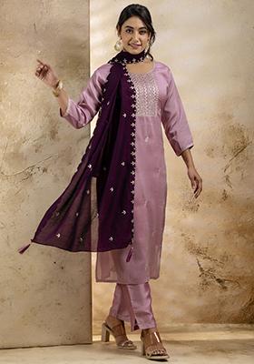 Lavender Embroidered Silk Blend Salwar Kameez With Dupatta