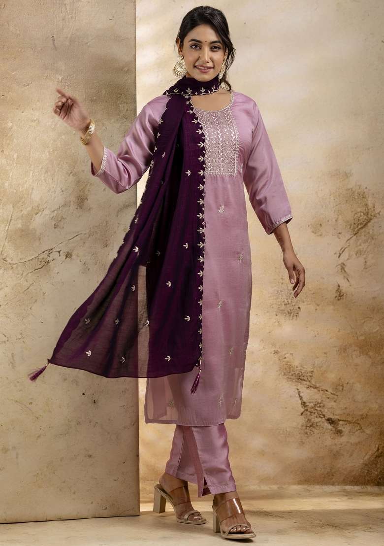 Lavender Embroidered Silk Blend Straight Kurta Set - Indya
