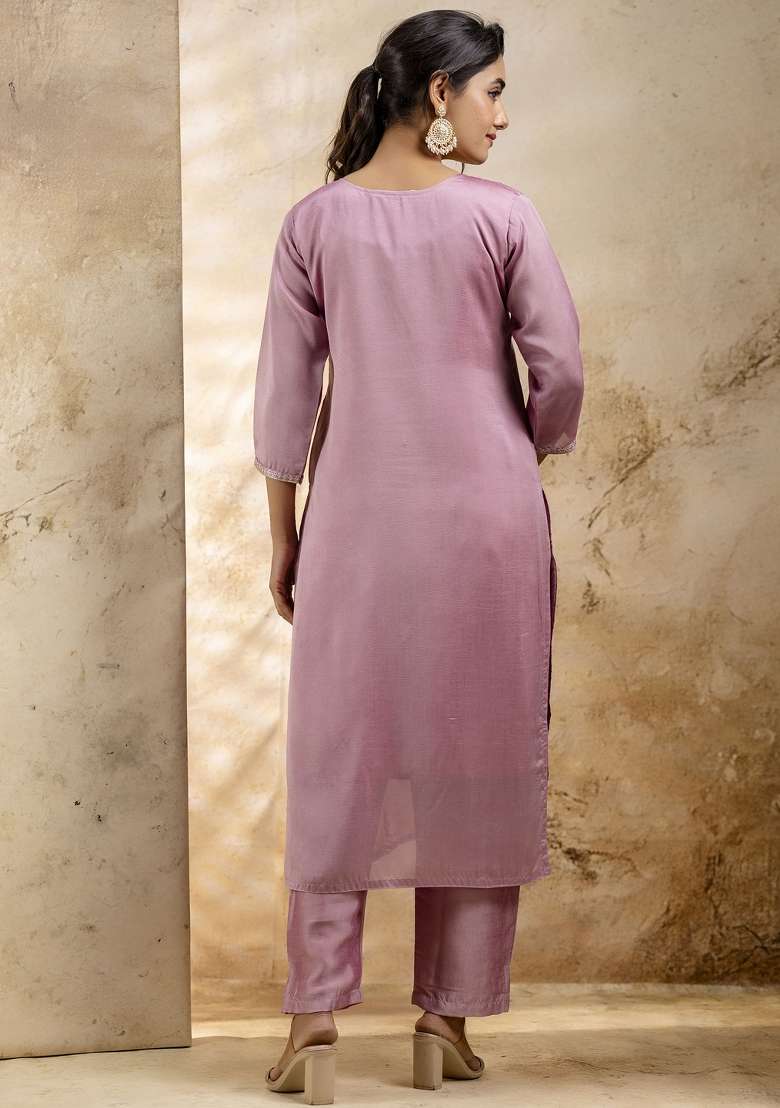 Lavender Embroidered Silk Blend Straight Kurta Set - Indya