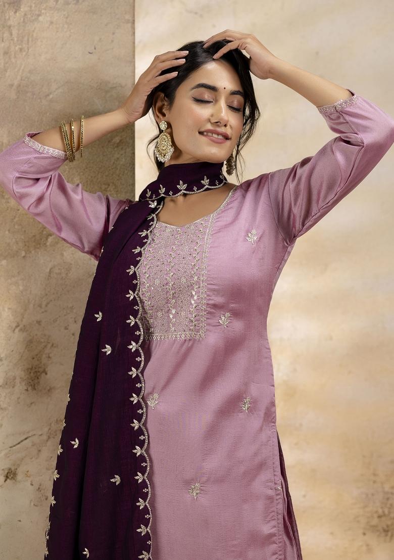 Lavender Embroidered Silk Blend Salwar Kameez With Dupatta