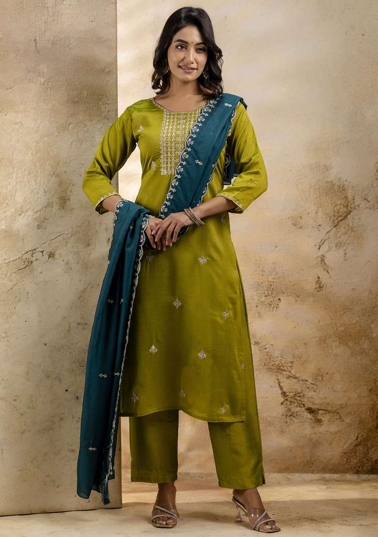 Mehendi Green Embroidered Silk Blend Salwar Kameez With Dupatta - Indya