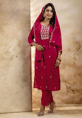 Pink Embroidered Silk Blend Salwar Kameez With Dupatta
