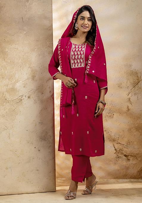 Pink Embroidered Silk Blend Salwar Kameez With Dupatta