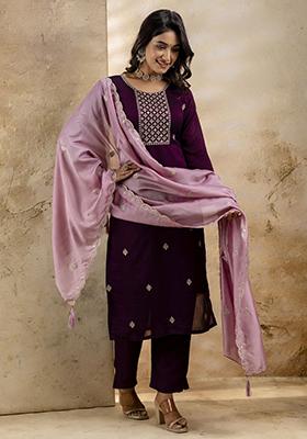 Purple Embroidered Silk Blend Salwar Kameez With Dupatta