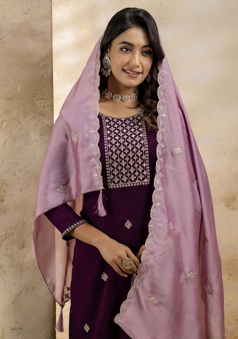 Purple Embroidered Silk Blend Salwar Kameez With Dupatta
