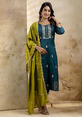 Rama Blue Embroidered Silk Blend Salwar Kameez With Dupatta