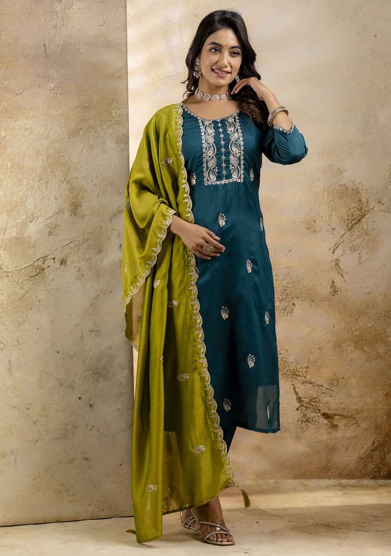 Rama Blue Embroidered Silk Blend Salwar Kameez With Dupatta - Indya