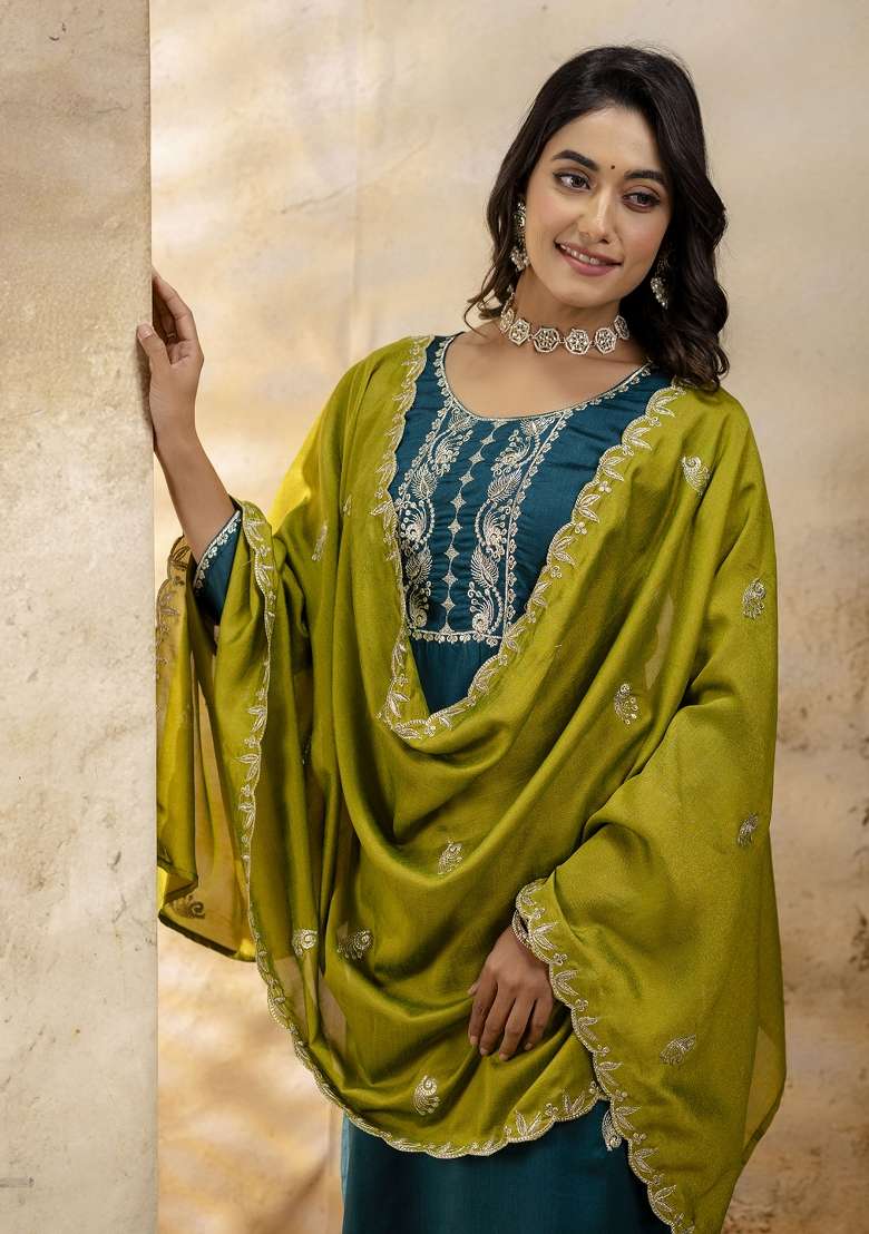 Rama Blue Embroidered Silk Blend Salwar Kameez With Dupatta - Indya