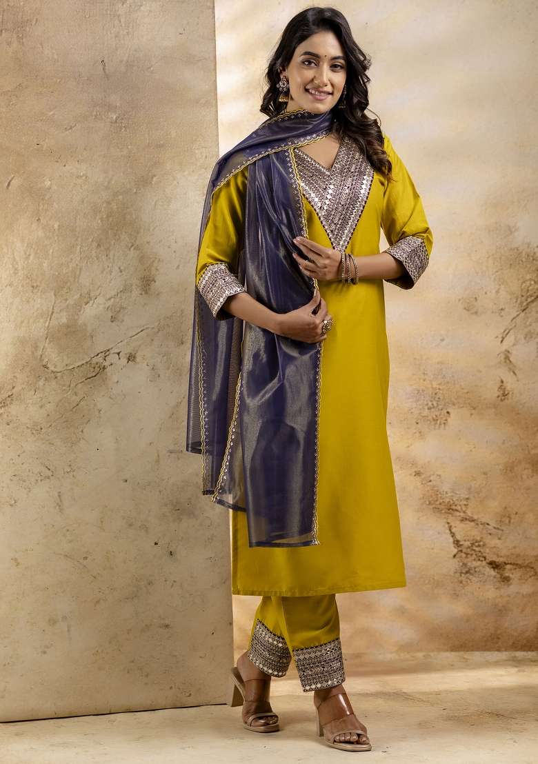 Lemon Yellow Embroidered Viscose Straight Kurta Set - Indya