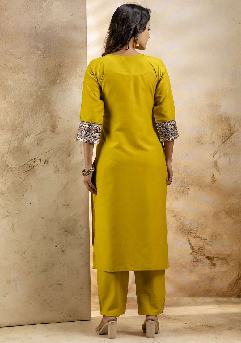 Lemon Yellow Embroidered Viscose Straight Kurta Set - Indya