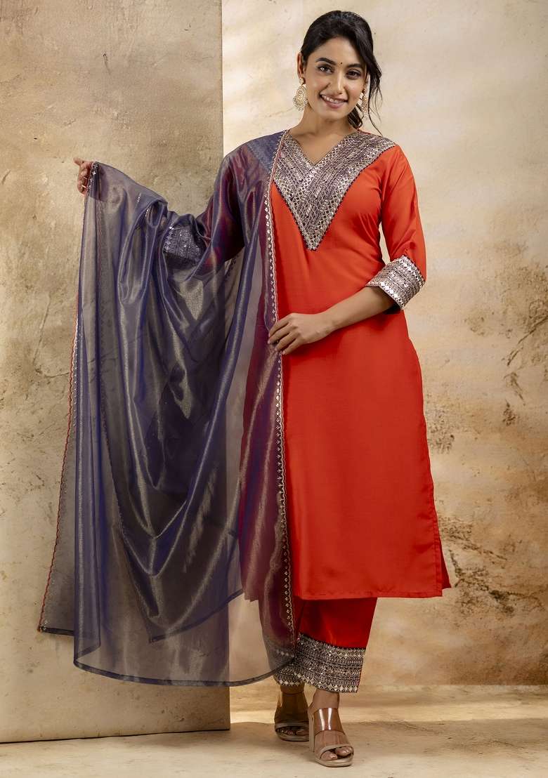 Peach Embroidered Viscose Straight Kurta Set - Indya