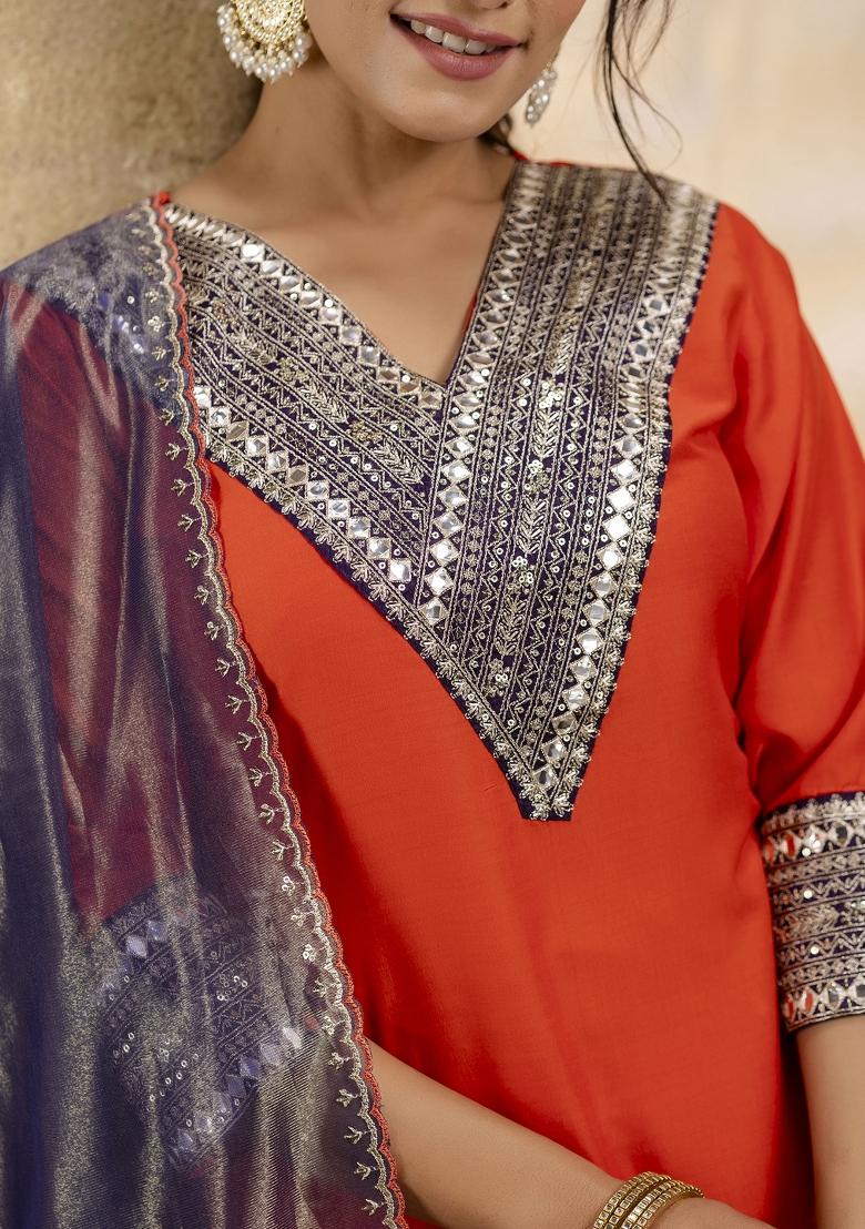 Peach Embroidered Viscose Salwar Kameez With Dupatta