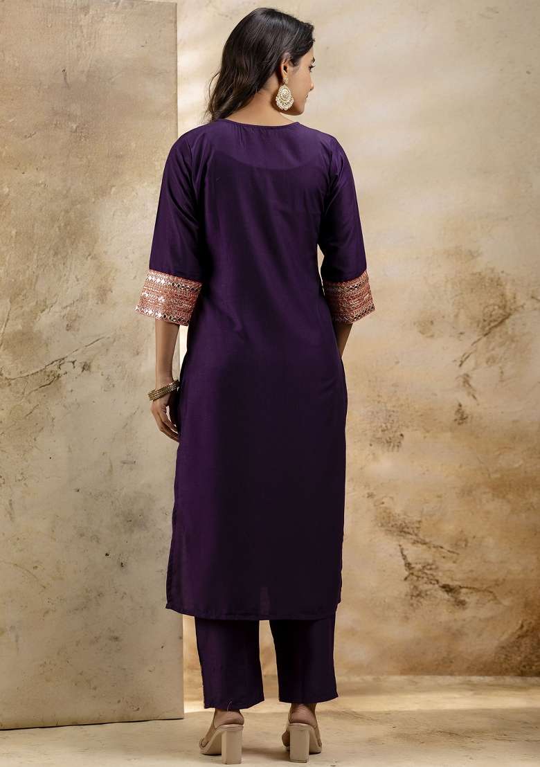Purple Embroidered Viscose Straight Kurta Set - Indya