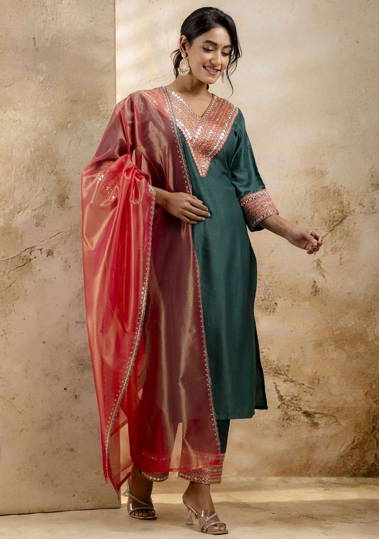 Rama Blue Embroidered Viscose A Line Kurta Set - Indya