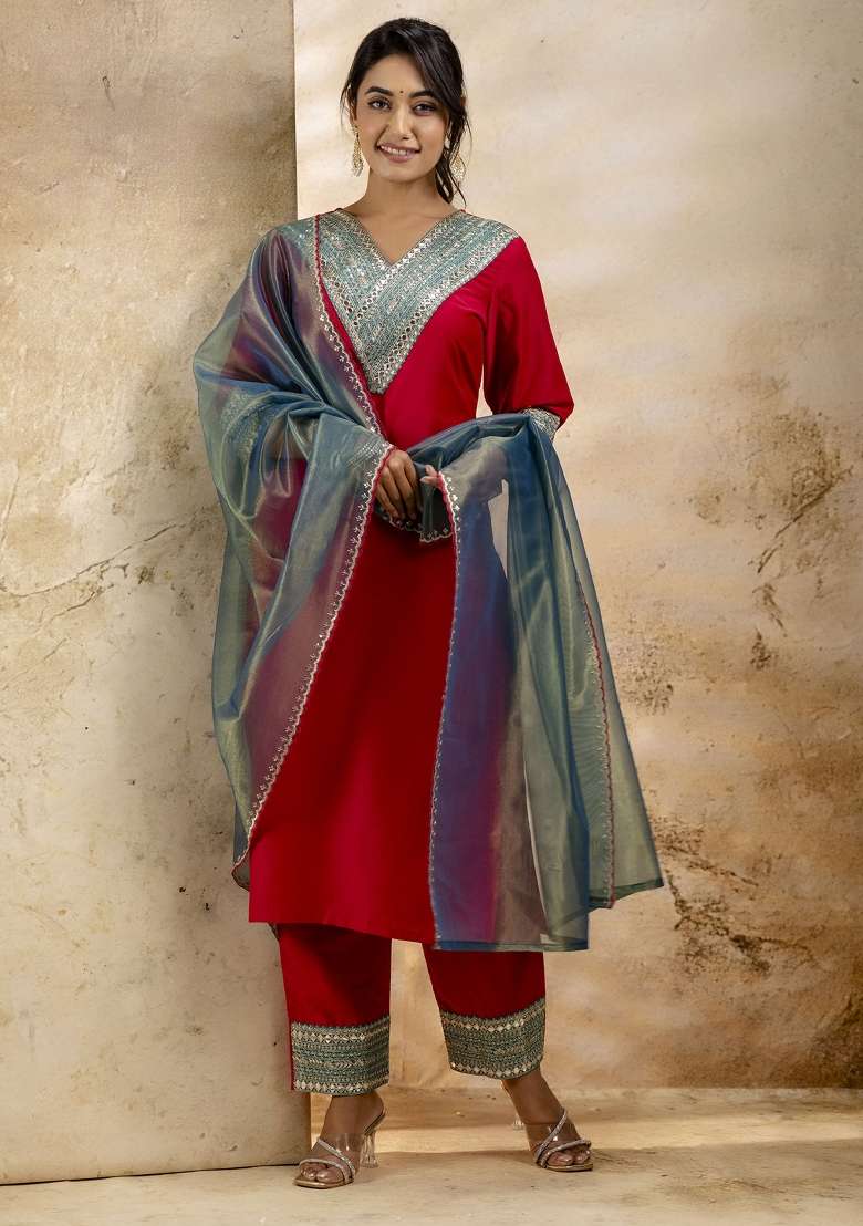 Rani Pink Embroidered Viscose Straight Kurta Set - Indya