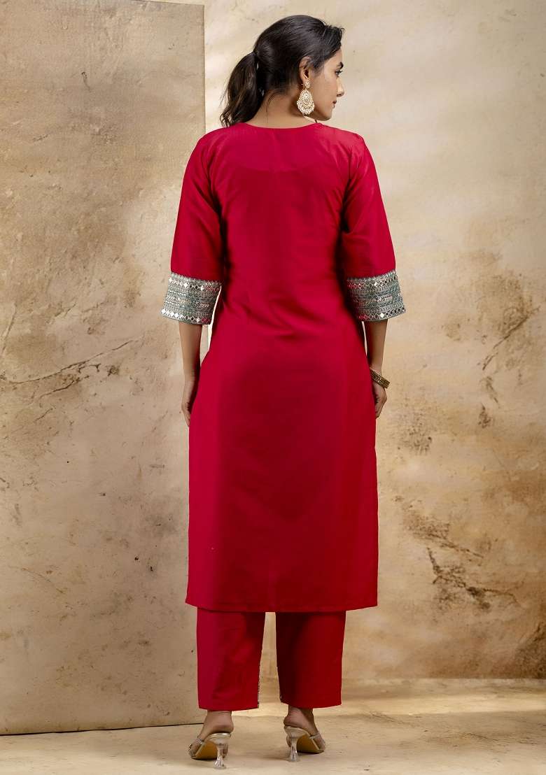 Rani Pink Embroidered Viscose Straight Kurta Set - Indya