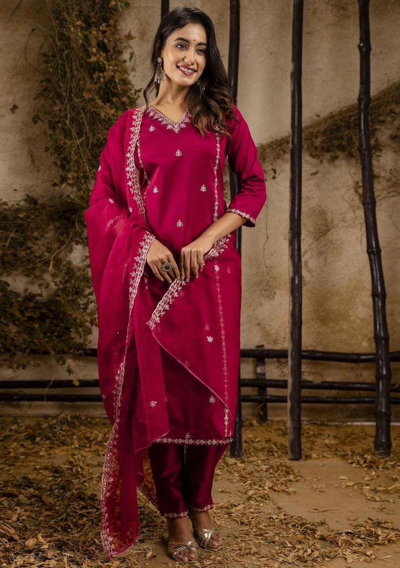 Maroon Embroidered Silk Blend Salwar Kameez With Dupatta