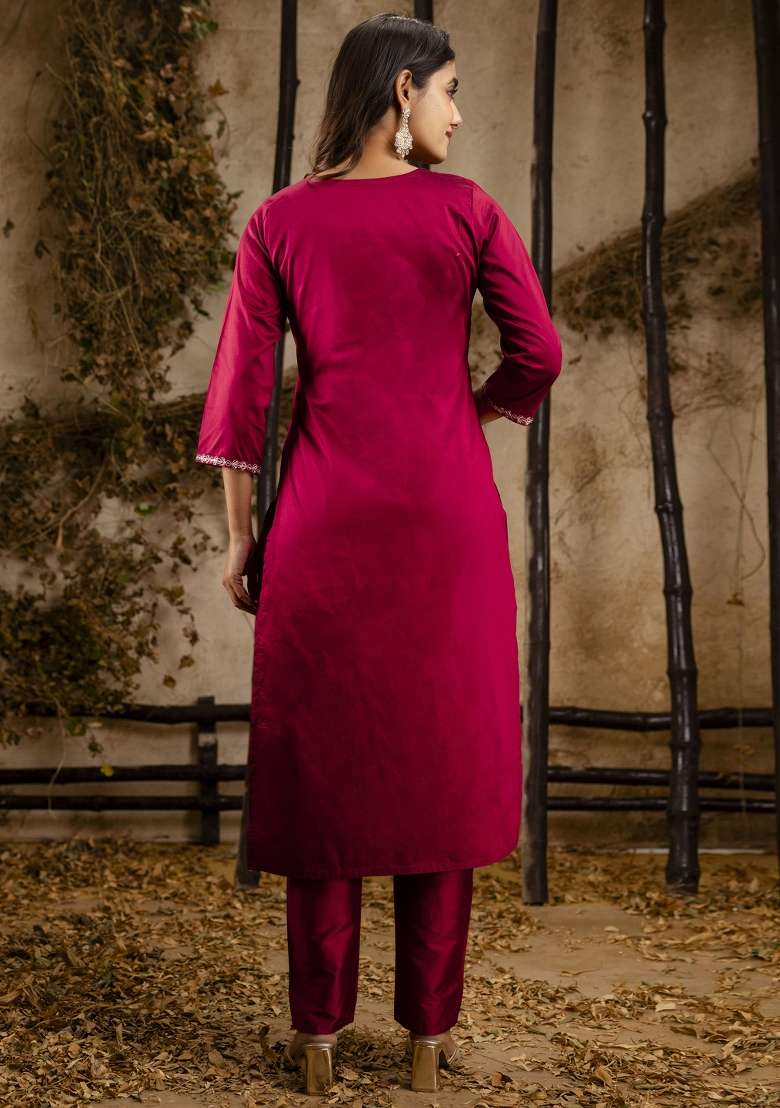 Maroon Embroidered Silk Blend Straight Kurta Set - Indya