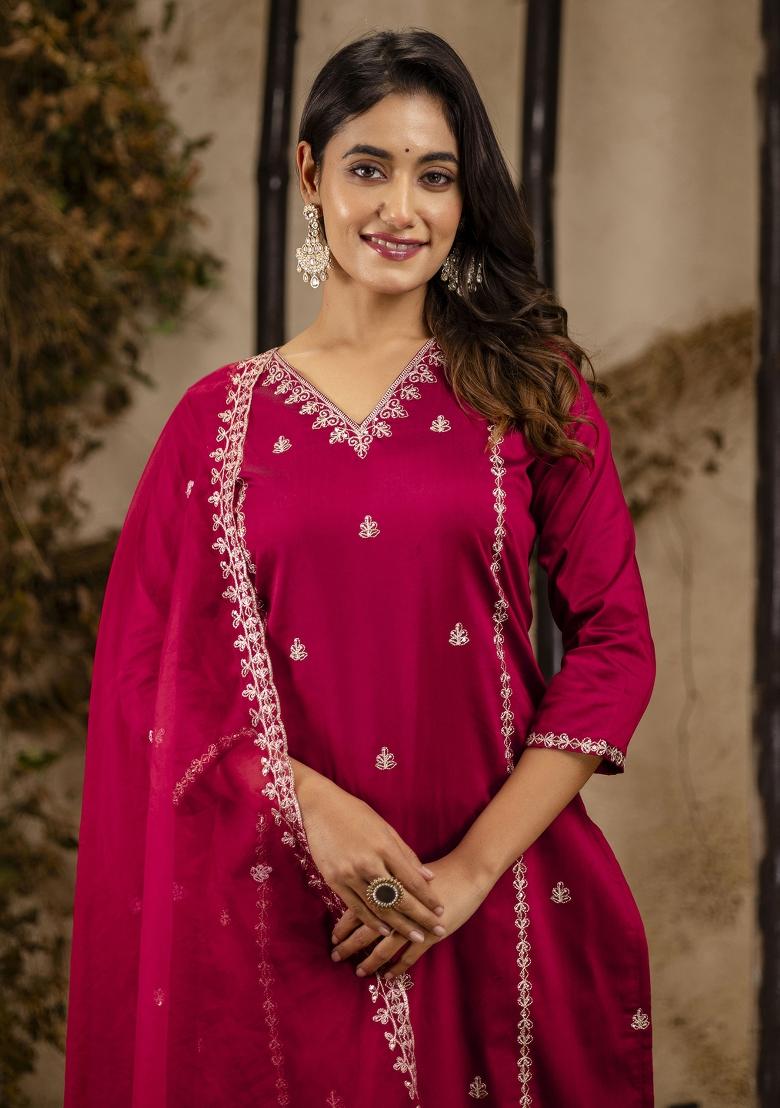 Maroon Embroidered Silk Blend Salwar Kameez With Dupatta