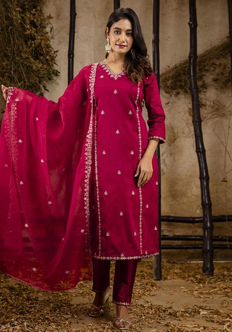 Maroon Embroidered Silk Blend Salwar Kameez With Dupatta