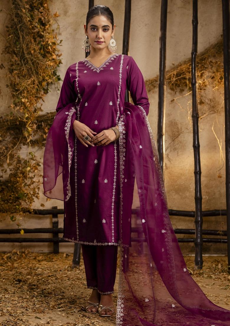 Purple Embroidered Silk Blend Salwar Kameez With Dupatta