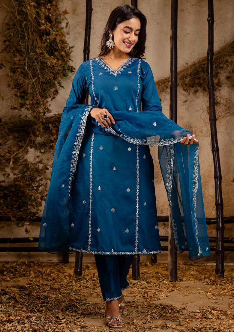 Teal Blue Embroidered Silk Blend Straight Kurta Set - Indya