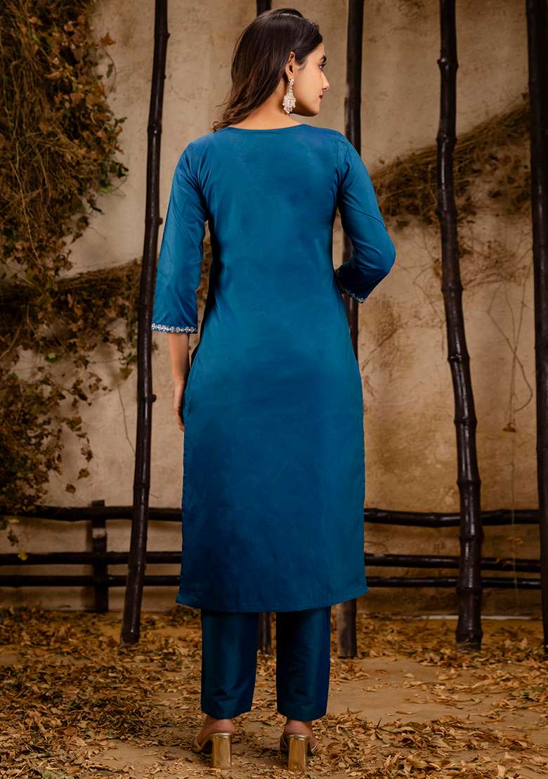 Teal Blue Embroidered Silk Blend Straight Kurta Set - Indya
