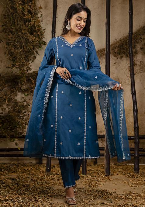 Teal Blue Embroidered Silk Blend Salwar Kameez With Dupatta
