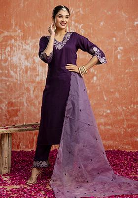 Purple Embroidered Silk Blend Salwar Kameez With Dupatta