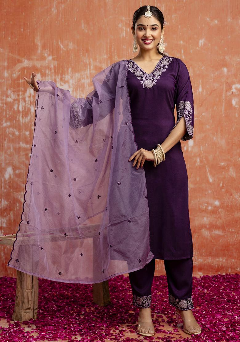 Purple Embroidered Silk Blend Salwar Kameez With Dupatta