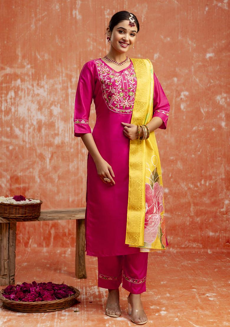 Pink Embroidered Silk Blend Salwar Kameez With Dupatta
