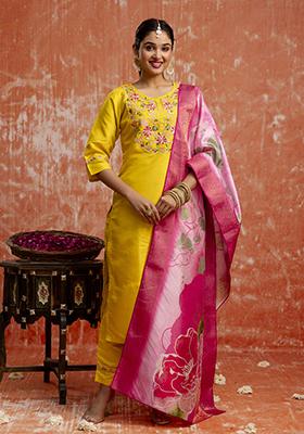 Yellow Embroidered Silk Blend Salwar Kameez With Dupatta