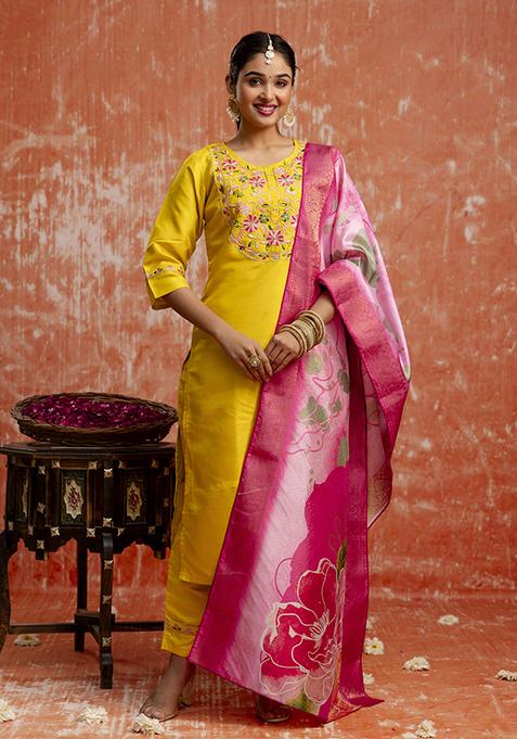 Yellow Embroidered Silk Blend Salwar Kameez With Dupatta