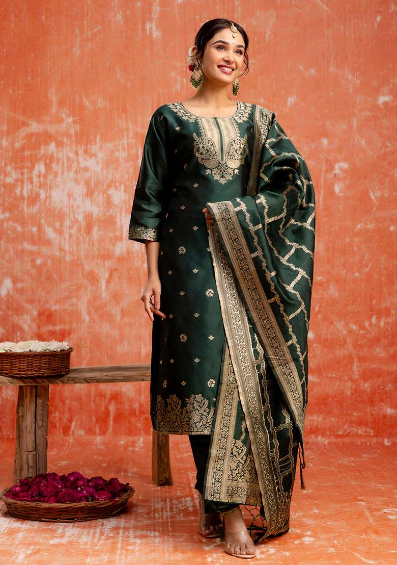 Green Embroidered Cotton Straight Kurta Set - Indya