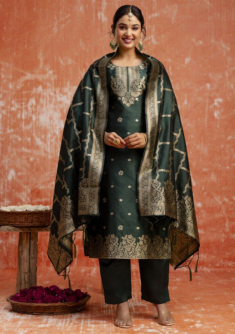 Green Zari Work Cotton Blend Salwar Kameez With Dupatta
