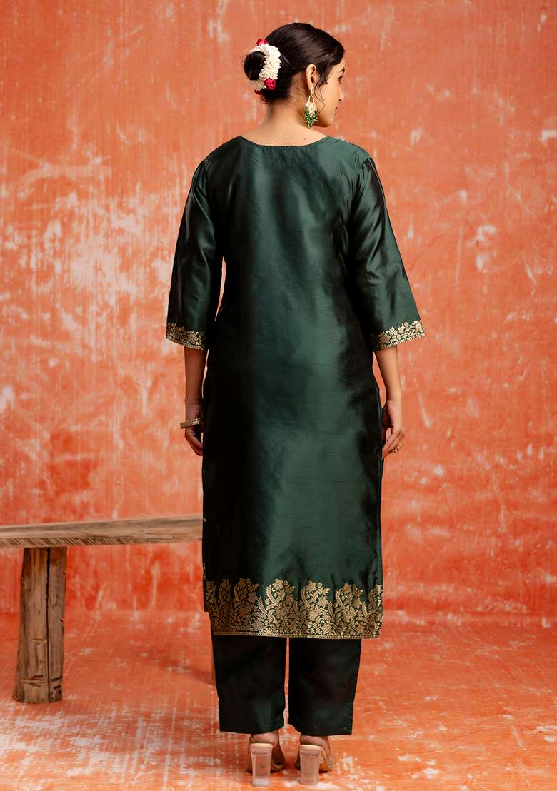 Green Embroidered Cotton Straight Kurta Set - Indya