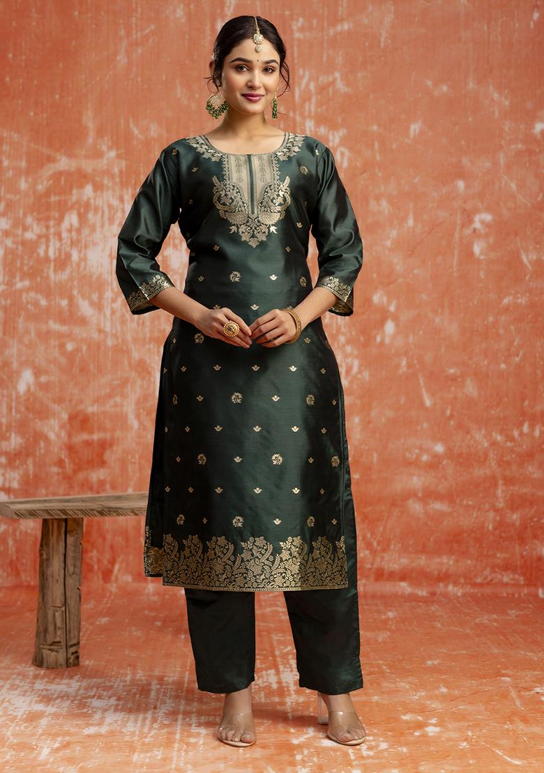 Green Zari Work Cotton Blend Salwar Kameez With Dupatta
