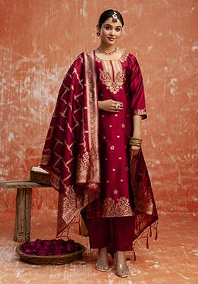 Maroon Zari Work Cotton Blend Salwar Kameez With Dupatta