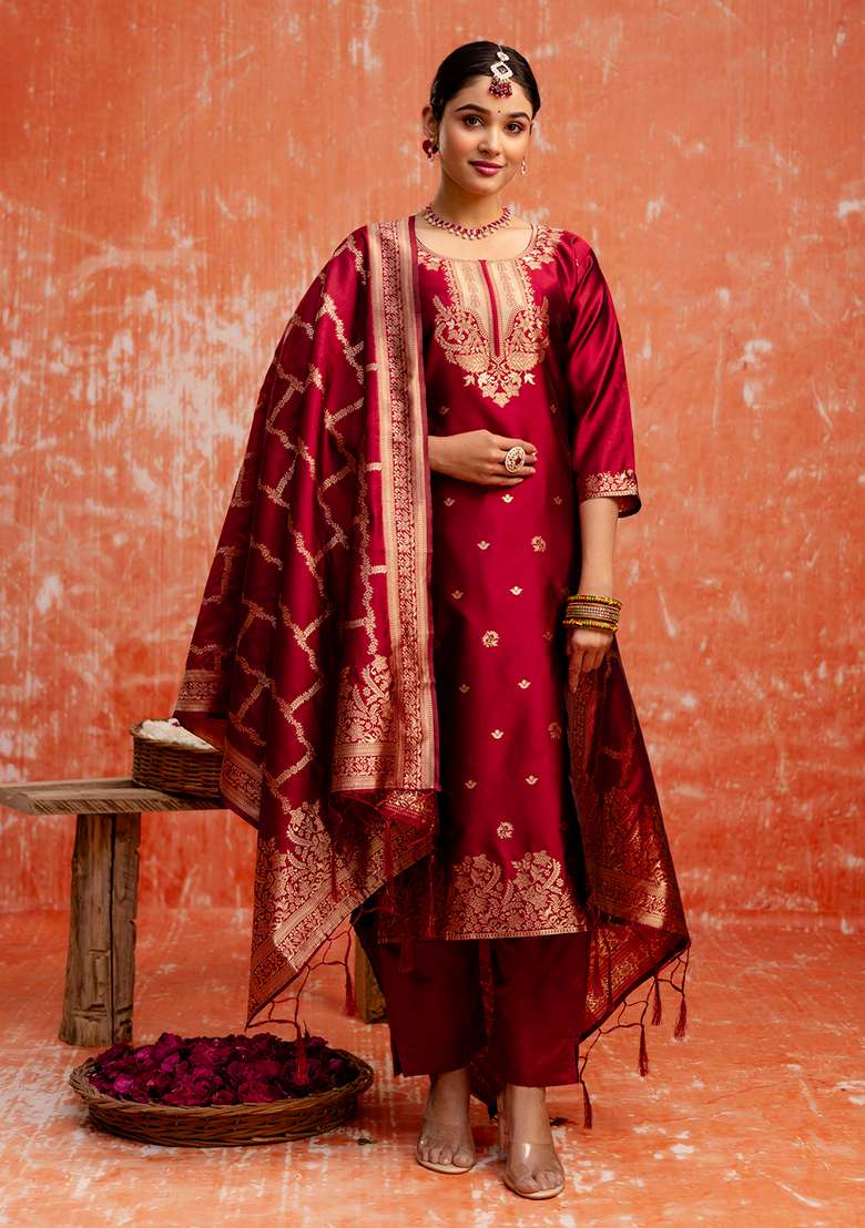 Maroon Embroidered Cotton Straight Kurta Set - Indya