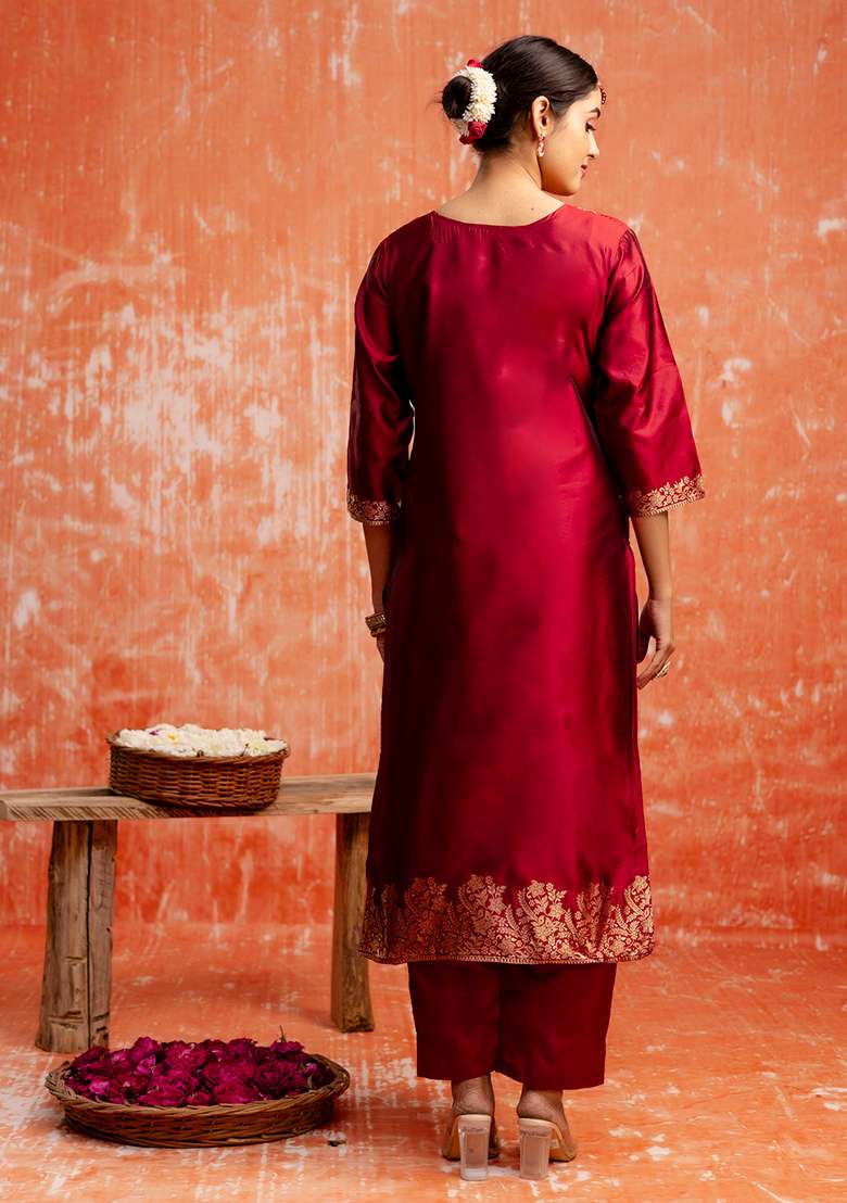 Maroon Embroidered Cotton Straight Kurta Set - Indya