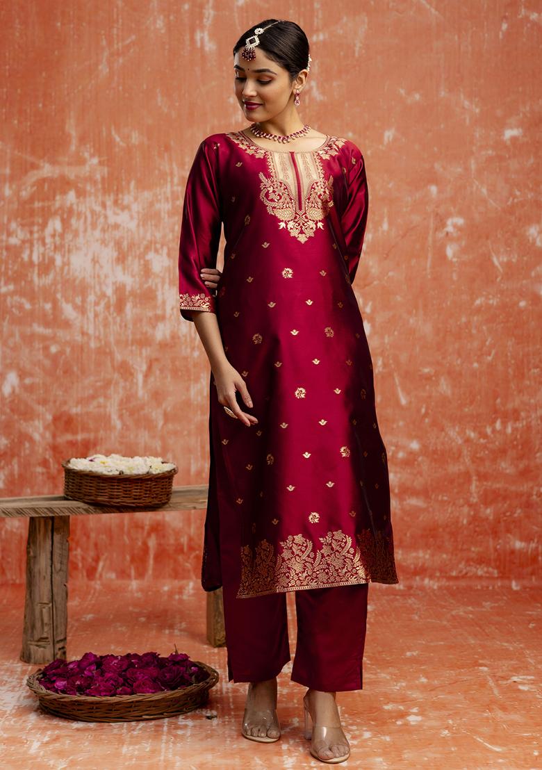 Maroon Zari Work Cotton Blend Salwar Kameez With Dupatta