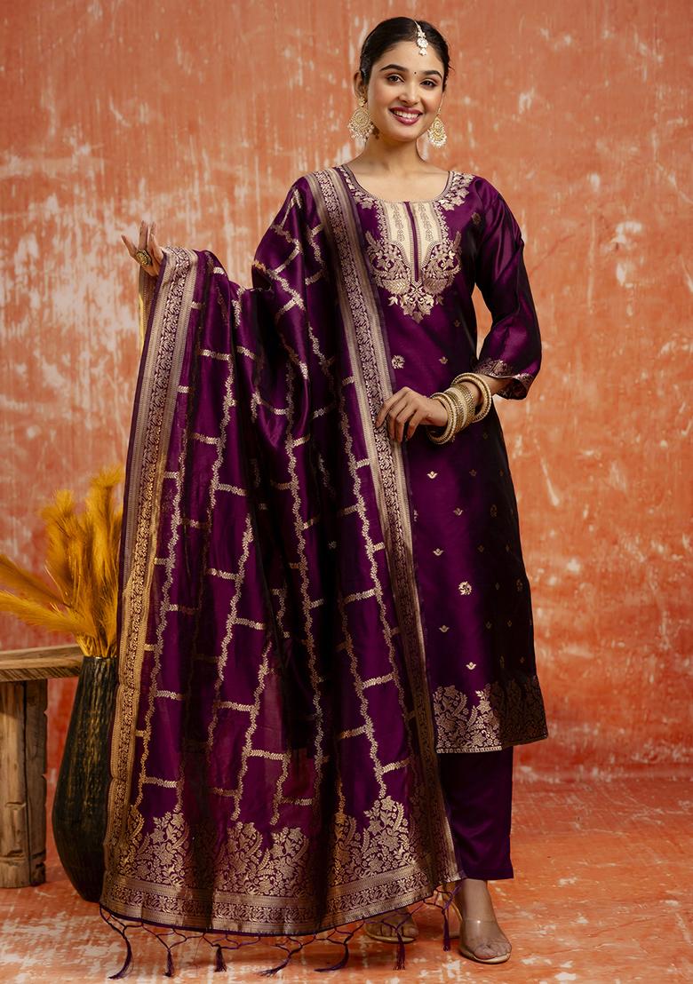 Purple Zari Work Cotton Blend Salwar Kameez With Dupatta