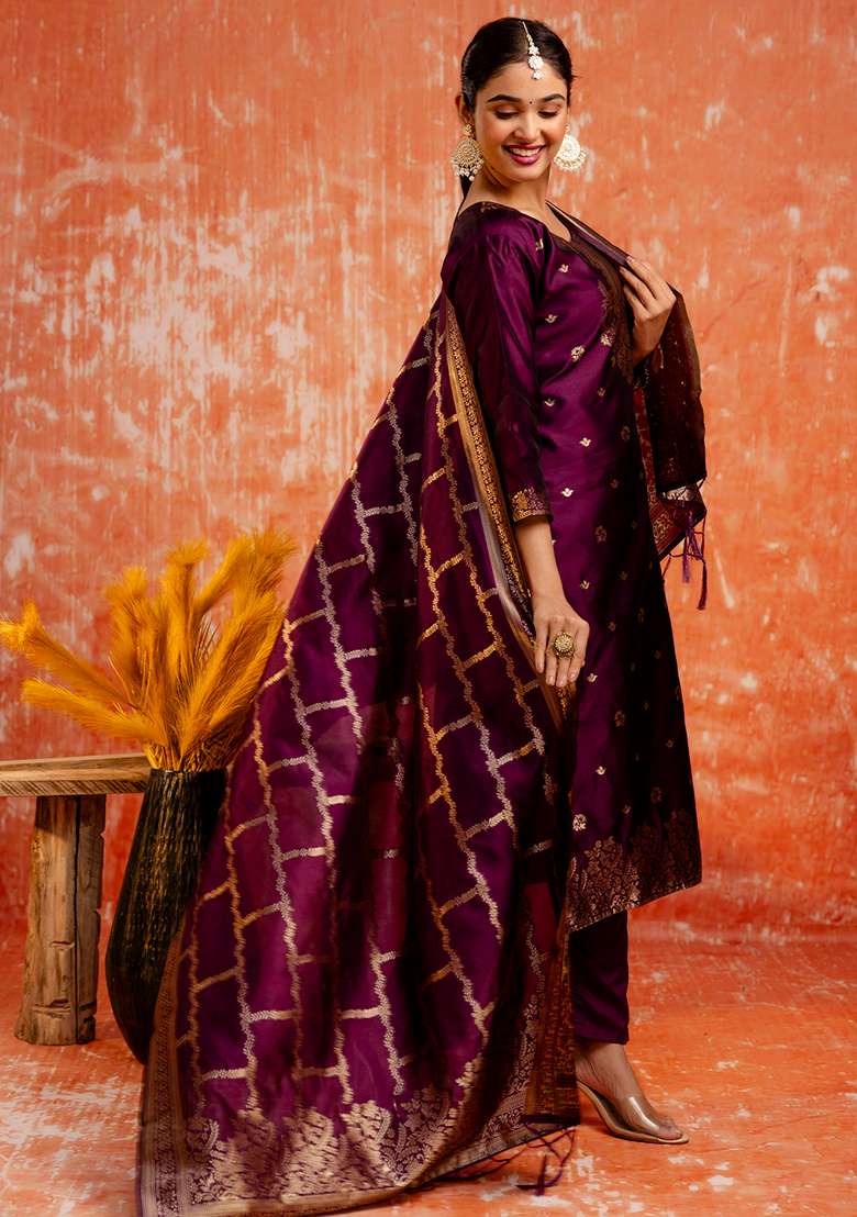 Purple Embroidered Cotton Straight Kurta Set - Indya