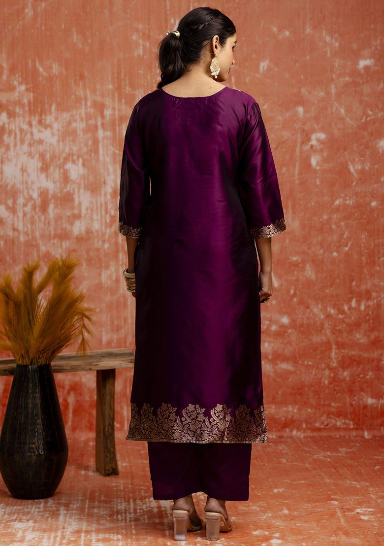 Purple Zari Work Cotton Blend Salwar Kameez With Dupatta
