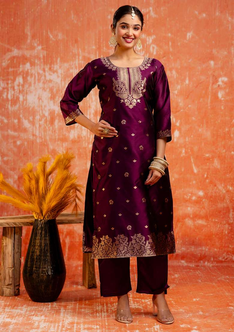 Purple Embroidered Cotton Straight Kurta Set - Indya