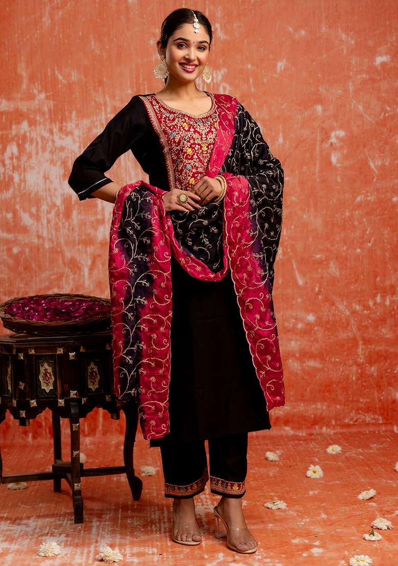 Black Embroidered Viscose Straight Kurta Set - Indya